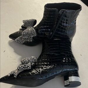 Black Croc-Embossed Ankle Boots with Rhinestone Bow